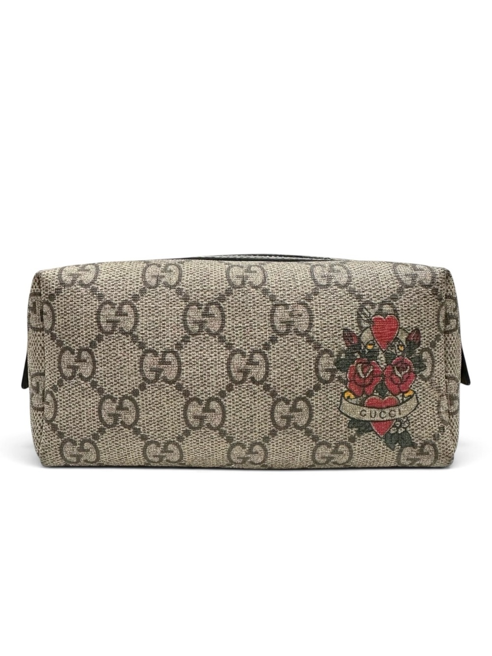 Gucci Tan GG Supreme Web Canvas with Roses Heart Tattoo Zippered Pouch